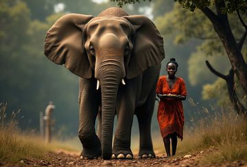 Femme et éléphant sur un chemin de terre sur Markus Gann