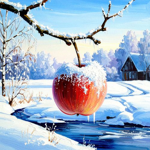 Rode winterappel: een laatste gloeiende appel aan een besneeuwde tak, omringd door bevroren weiden, glinsterende ijspegels, besneeuwde struiken en een oud houten huis in het ochtendlicht