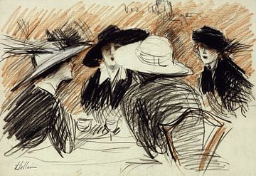 Vos Chapeux: Ladies at the Ritz, New York, 1913 (black and red chalk) by Bridgeman Images