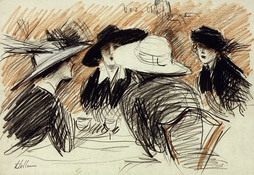 Vos Chapeux: Ladies at the Ritz, New York, 1913 (black and red chalk) von Bridgeman Images