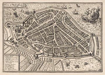 Carte ou plan de la vieille ville de Hoorn, vers 1596 avec cadre blanc sur Gert Hilbink