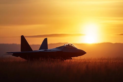 Jet fighter ready on runway at sunrise by Digitale Schilderijen