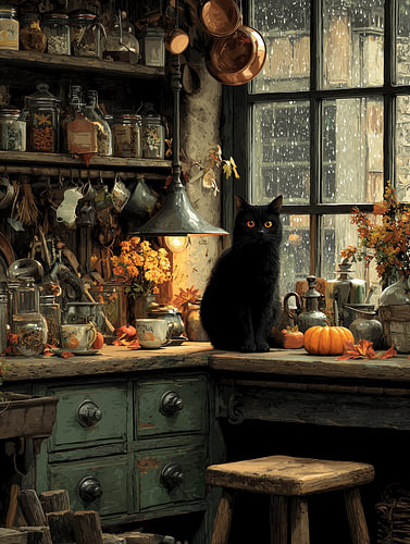 Zwarte kat in een rustieke herfstkeuken