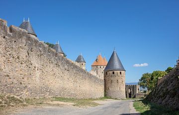 Muur en ingangspoort oude stad Carcassonne in Frankrijk van Joost Adriaanse