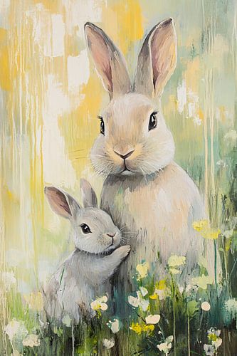 Schattige konijnen in bloemenveld