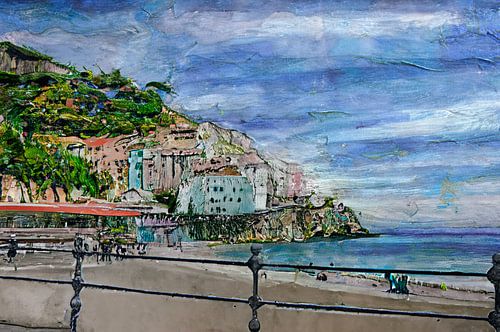 Schilderij van Amalfi aan het strand met uitzicht op zee