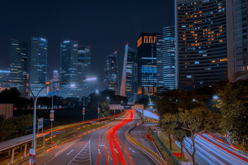 Singapore night photography long shutter speed auto lines. by Claudia De Vries