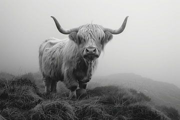 Schottisches Hochlandrind Mystische Schwarz-Weiß Fotokunst für Naturfreunde von Felix Brönnimann