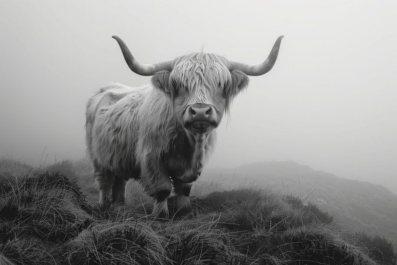 Scottish Highland cattle Mystical black and white photo art for nature lovers by Poster Art Shop