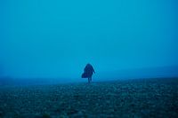 Personnage dans un paysage bleu brumeux