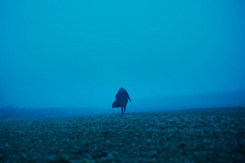 Karakter in mistig blauw landschap