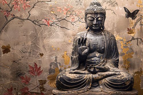 Boeddha in Herfstsereniteit: Sepia en Goud