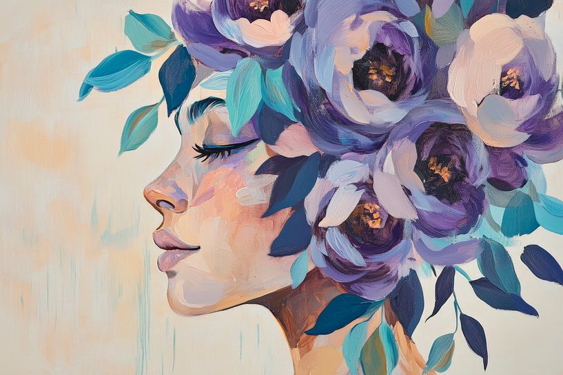 Woman with flower wreath - playful and elegant by Poster Art Shop