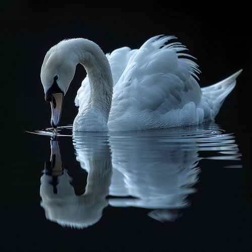 Ein eleganter weißer Schwan gleitet über das dunkle Wasser