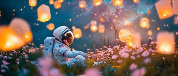 Astronaut omringd door gloeiende lantaarns van Poster Art Shop