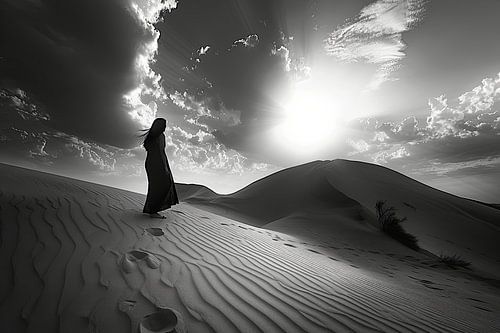 sober portret in landschap in zwartwit