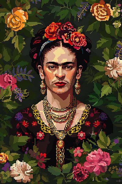Frida's bloemen aura pixel kunst van Poster Art Shop