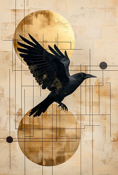 Japandi Style black Crow with golden suns by Marianne Ottemann - OTTI