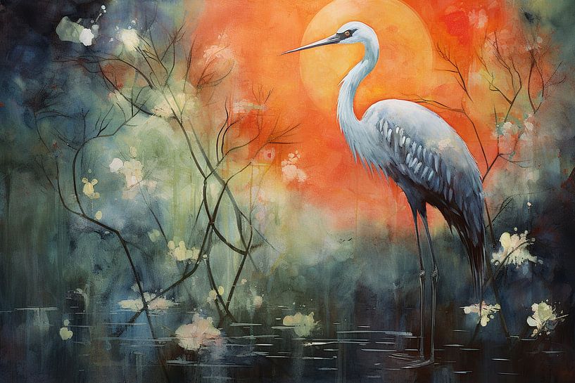 Kranich in der Abenddämmerung | Kranichkunst von Blickfänger Gemälde