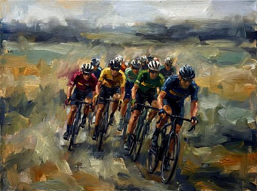 Impressionistisch schilderij van een wielerwedstrijd