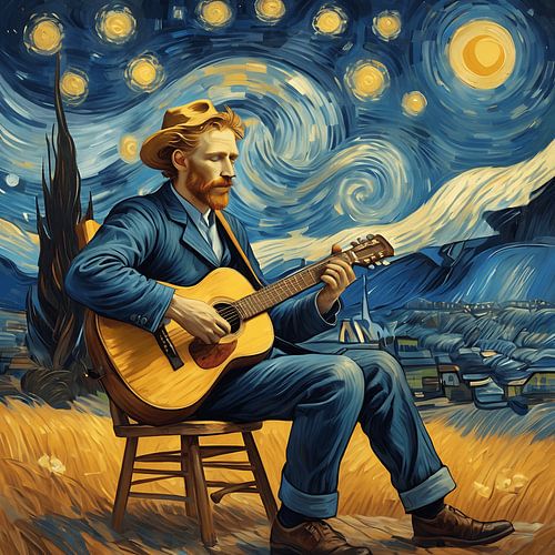 Abstracte gitarist onder sterrenhemel - Emotionele kunstschilderij
