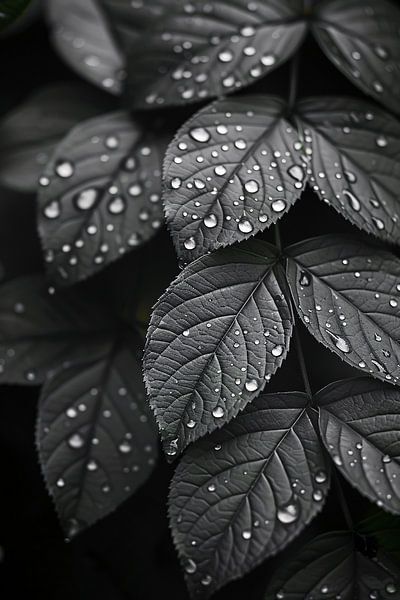 Black-and-white photo of dewdrops on leaves by Art & Soul Creations