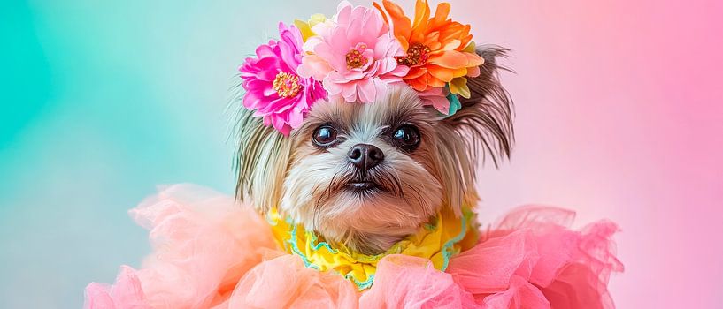 Dainty dog in a wreath of flowers - Colourful by Poster Art Shop