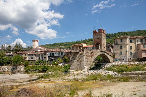 Huizen langs de rivier in Millesimo, Piemont, Italie