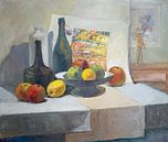 Stilleven olieverf schilderij met flessen en fruit in het atelier van de kunstenaar van Galerie Ringoot thumbnail