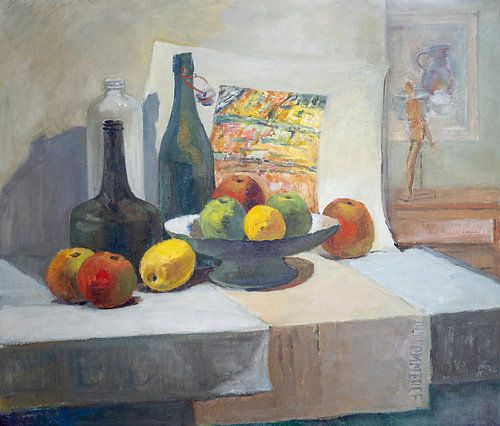 Still life oil painting with bottles and fruit in artist's studio