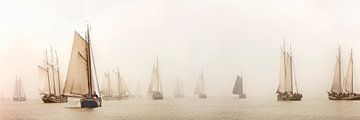 Boats of the Brown Fleet in the fog near Enkhuizen by Frans Lemmens