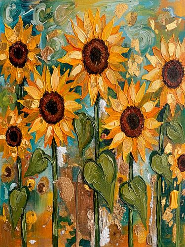 Sonnige Sonnenblumen in Struktur und Goldakzenten