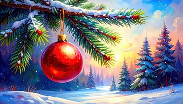 Noël dans le miroir de la boule rouge d'hiver : une scène de forêt silencieuse entre la neige, la branche de sapin et la lueur chaude d'un coucher de soleil hivernal au moment de Noël