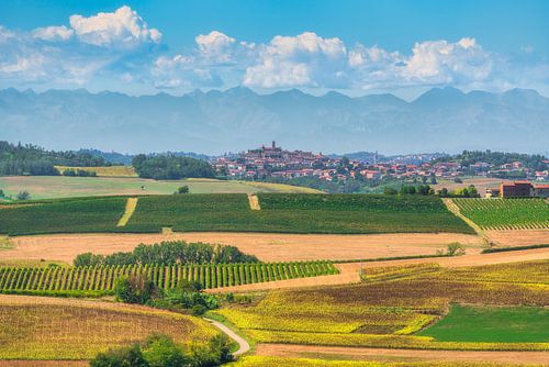Calliano village with Monferrato countryside and Alps, Piedmont