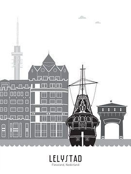 Skyline illustration city of Lelystad in black-and-white-grey by Mevrouw Emmer