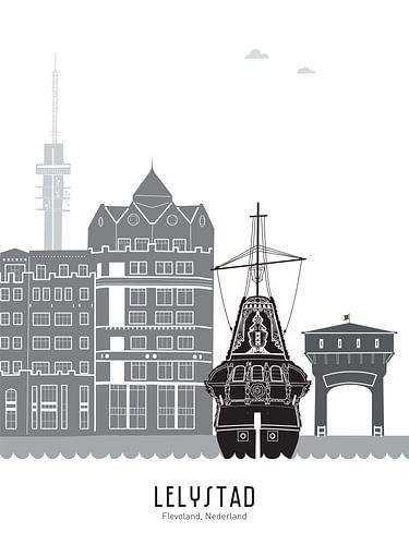Skyline illustratie stad Lelystad in zwart-wit-grijs