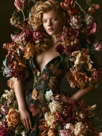 vrouw met bloemen in Rembrandtlicht