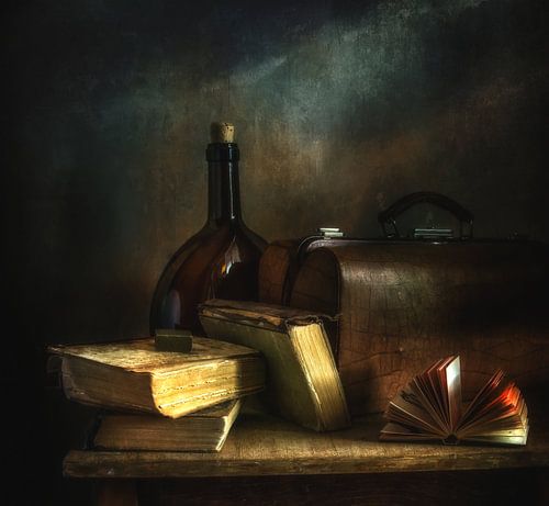 Still life with books. Stylized photograph.