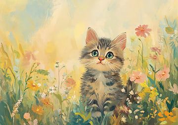 Kitten Flowers | Kitten in the Garden by Eye catching paintings