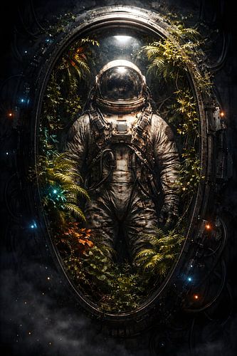 Astronaute envahi par la végétation dans « Portal » : art numérique de science-fiction et nature