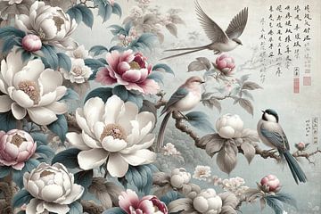Zachte natuur: bloemen en vogels in harmonie van artefacti