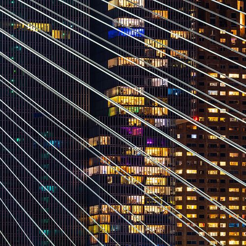 Een nachtelijke blik op de skyline van Rotterdam via de Erasmusbrug
