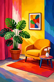 Salon coloré avec un fauteuil et un monstera sur DesignDoodle