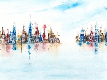 Wolkenkratzer - Skyline am Wasser von Enjoy-Aquarell