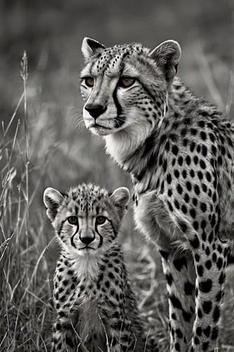 Zwart-wit cheetah met jong in gras