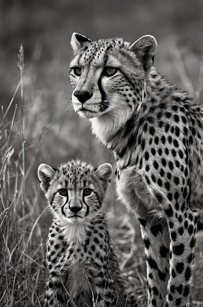 Black and white cheetah with cub in grass by Art & Soul Creations
