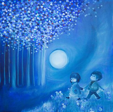 Kleine kleuters aan het wandelen bij  volle maan. van Anne-Marie Somers