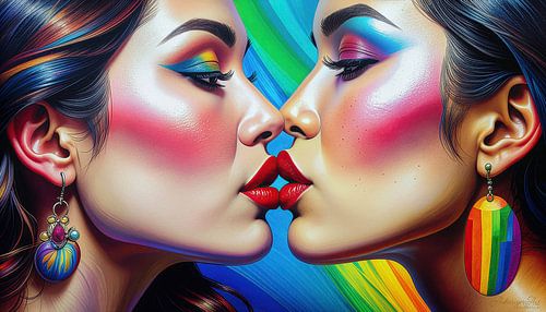 In het licht van de Pride-kleuren: De intieme blik van twee kussende vrouwen tussen natuurlijkheid, elegantie en doorleefde diversiteit