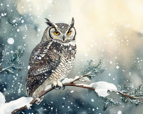 Chouette aux yeux dorés dans le silence hivernal