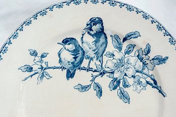 Ancienne assiette française bleue et blanche avec oiseaux